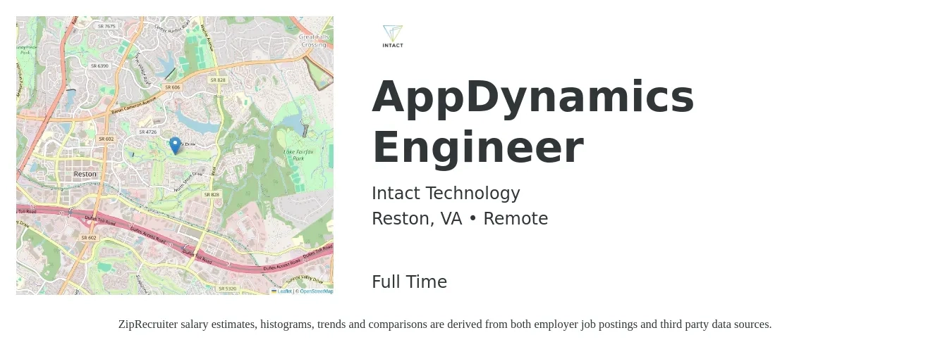 Intact Technology job posting for a AppDynamics Engineer in Reston, VA with a salary of $87,200 to $116,300 Yearly with a map of Reston location.