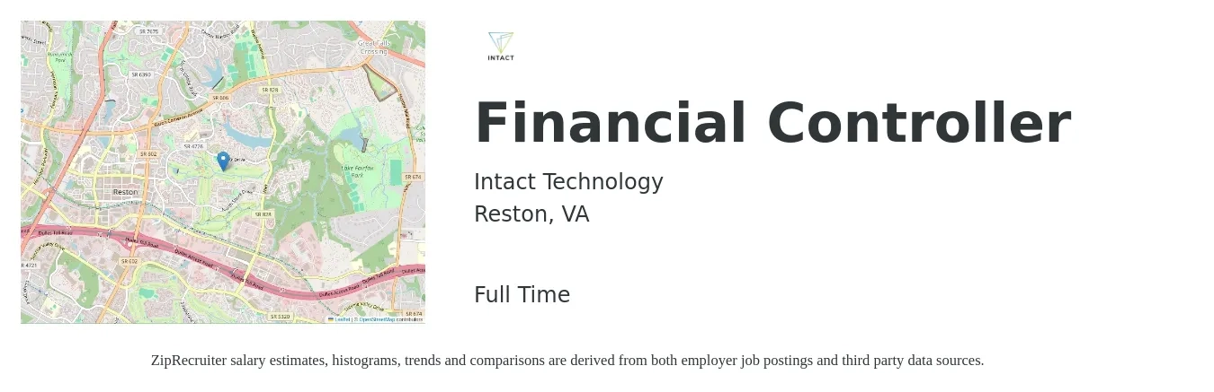 Intact Technology job posting for a Financial Controller in Reston, VA with a salary of $96,400 to $135,000 Yearly with a map of Reston location.