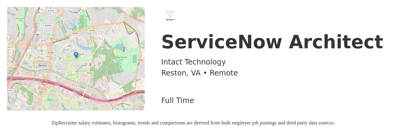 Intact Technology job posting for a ServiceNow Architect in Reston, VA with a salary of $74 to $93 Hourly with a map of Reston location.