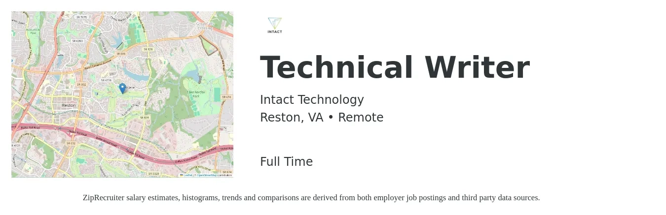 Intact Technology job posting for a Technical Writer in Reston, VA with a salary of $32 to $52 Hourly with a map of Reston location.
