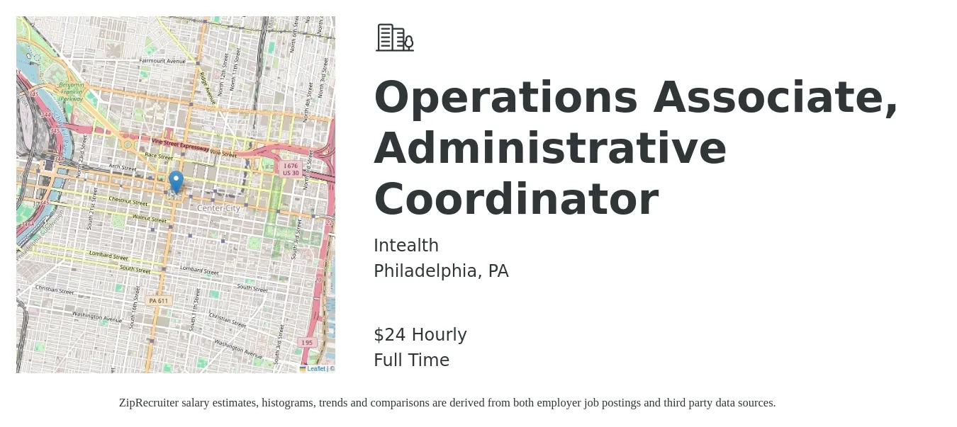Intealth job posting for a Operations Associate, Administrative Coordinator in Philadelphia, PA with a salary of $25 Hourly with a map of Philadelphia location.