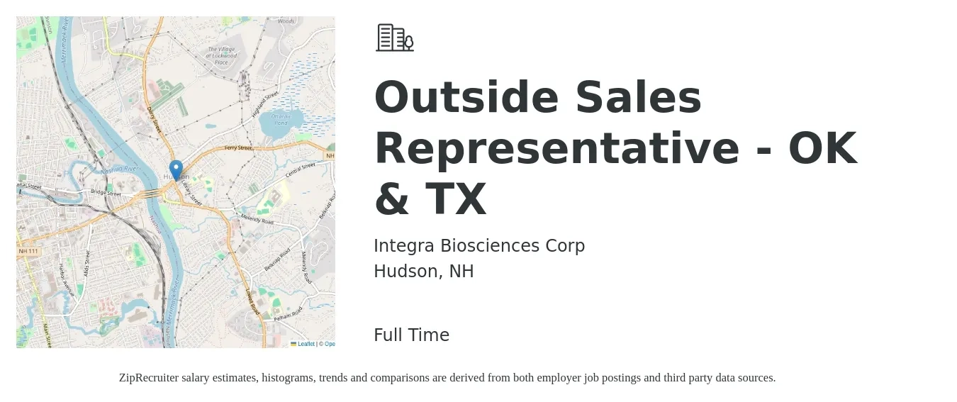 Integra Biosciences Corp job posting for a Outside Sales Representative - OK & TX in Hudson, NH with a salary of $53,100 to $91,000 Yearly with a map of Hudson location.
