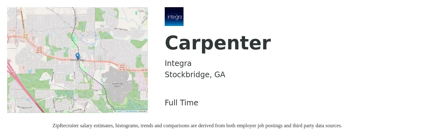 Integra job posting for a Carpenter in Stockbridge, GA with a salary of $18 to $25 Hourly with a map of Stockbridge location.