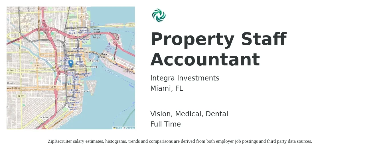 Integra Investments job posting for a Property Staff Accountant in Miami, FL with a salary of $55,500 to $67,900 Yearly and benefits including medical, pto, retirement, vision, dental, and life_insurance with a map of Miami location.