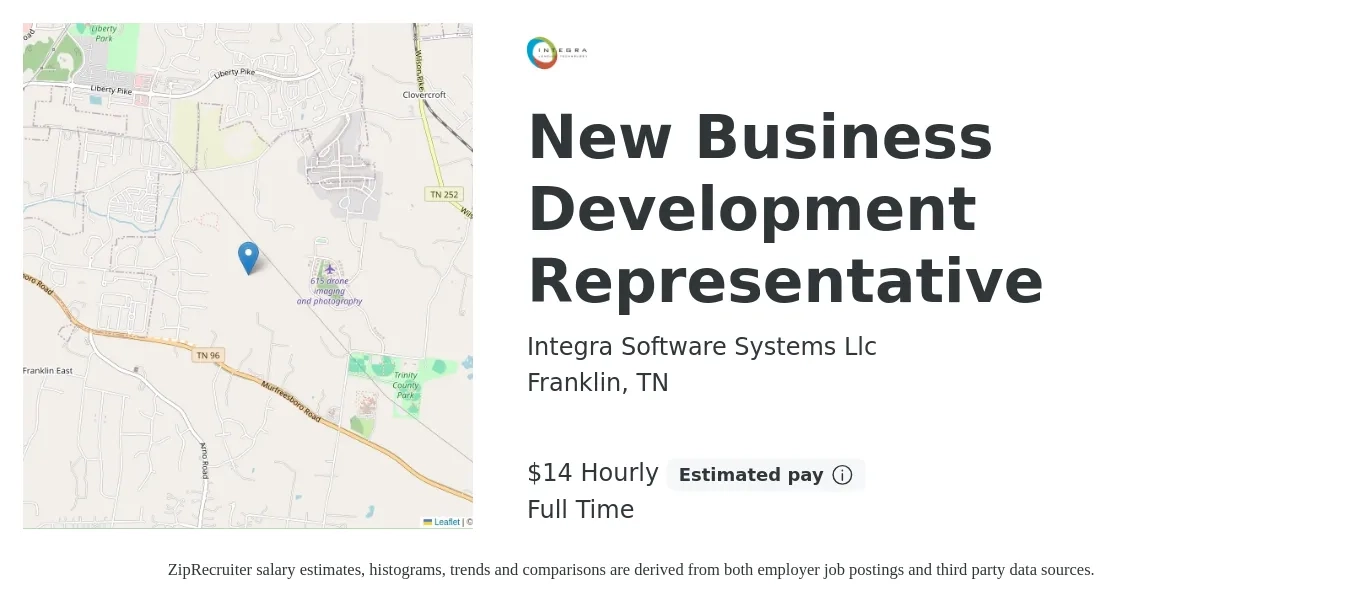 Integra Software Systems Llc job posting for a New Business Development Representative in Franklin, TN with a salary of $15 Hourly (plus commission) with a map of Franklin location.