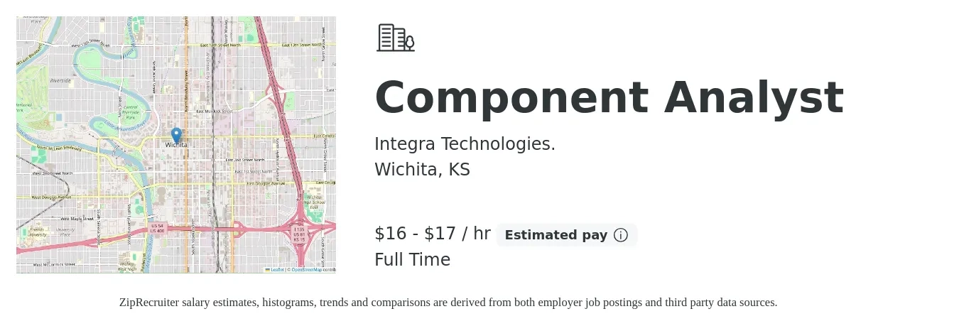 Integra Technologies. job posting for a Component Analyst in Wichita, KS with a salary of $17 to $18 Hourly with a map of Wichita location.