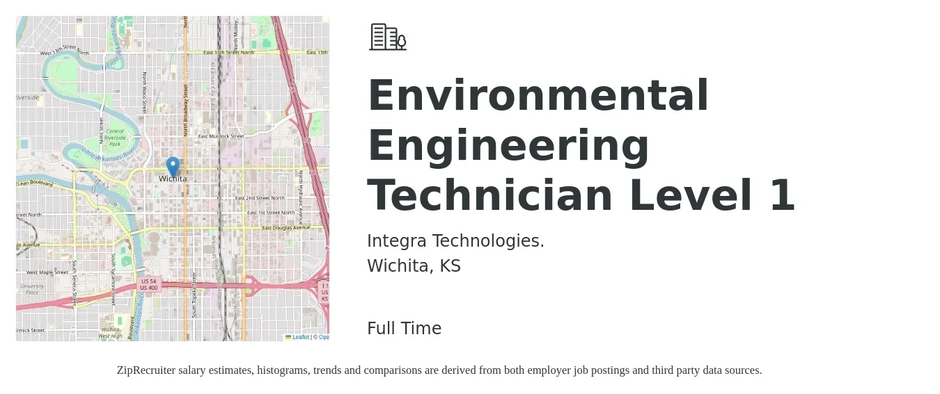 Integra Technologies. job posting for a Environmental Engineering Technician Level 1 in Wichita, KS with a salary of $38,000 to $63,500 Yearly with a map of Wichita location.