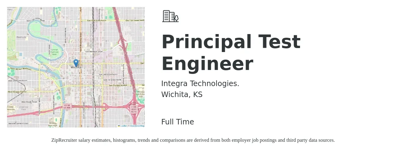 Integra Technologies. job posting for a Principal Test Engineer in Wichita, KS with a salary of $106,000 to $154,800 Yearly with a map of Wichita location.