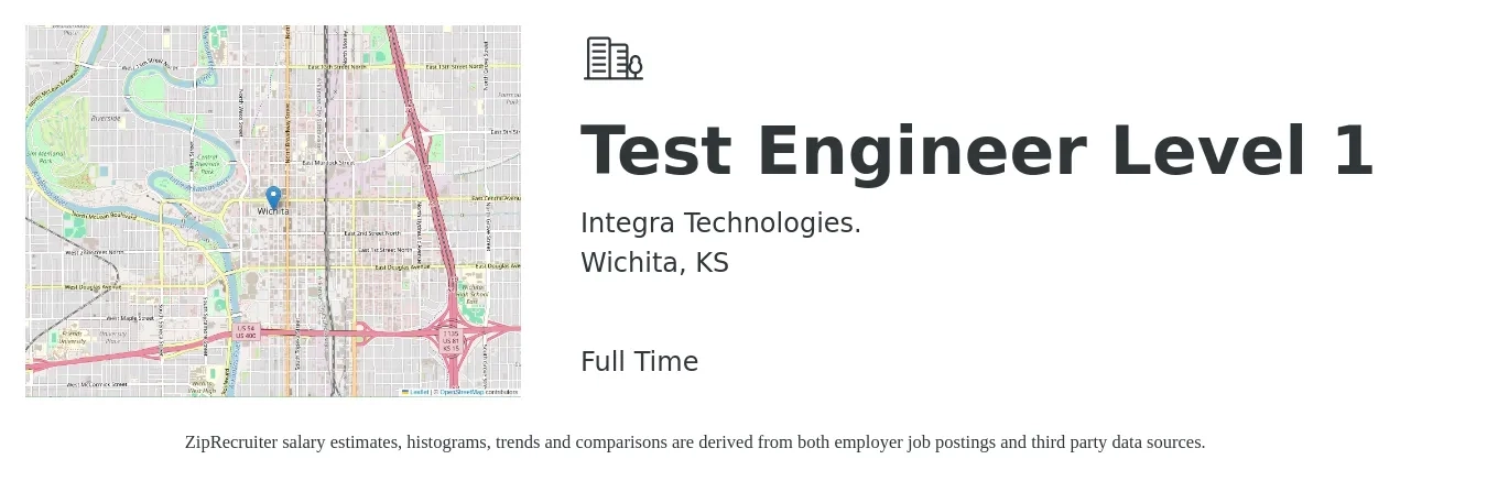 Integra Technologies. job posting for a Test Engineer Level 1 in Wichita, KS with a salary of $31 to $49 Hourly with a map of Wichita location.