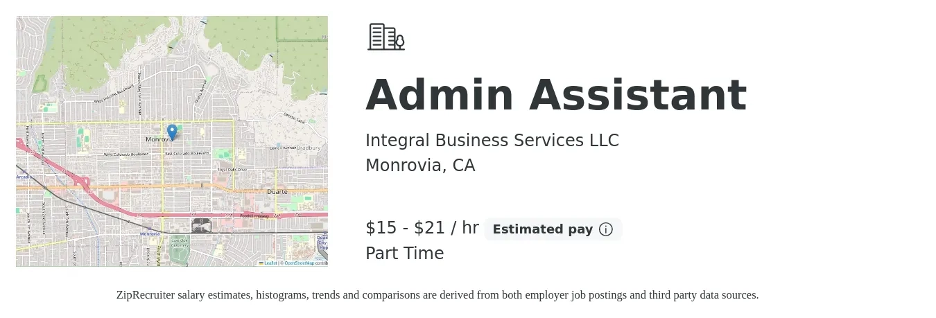 Integral Business Services LLC job posting for a Admin Assistant in Monrovia, CA with a salary of $16 to $22 Hourly with a map of Monrovia location.