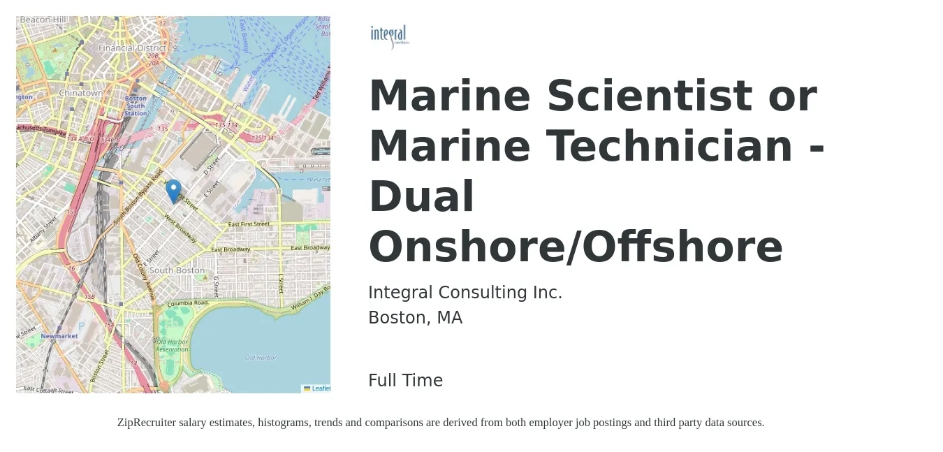 Integral Consulting Inc. job posting for a Marine Scientist or Marine Technician - Dual Onshore/Offshore in Boston, MA with a salary of $25 to $36 Hourly with a map of Boston location.