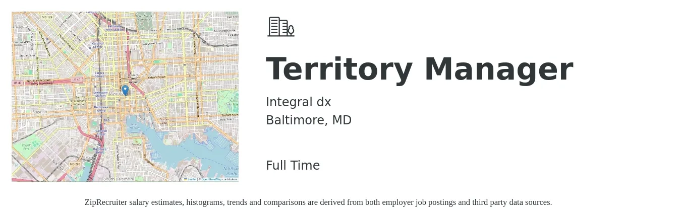 Integral dx job posting for a Territory Manager in Baltimore, MD with a salary of $75,100 to $111,600 Yearly with a map of Baltimore location.