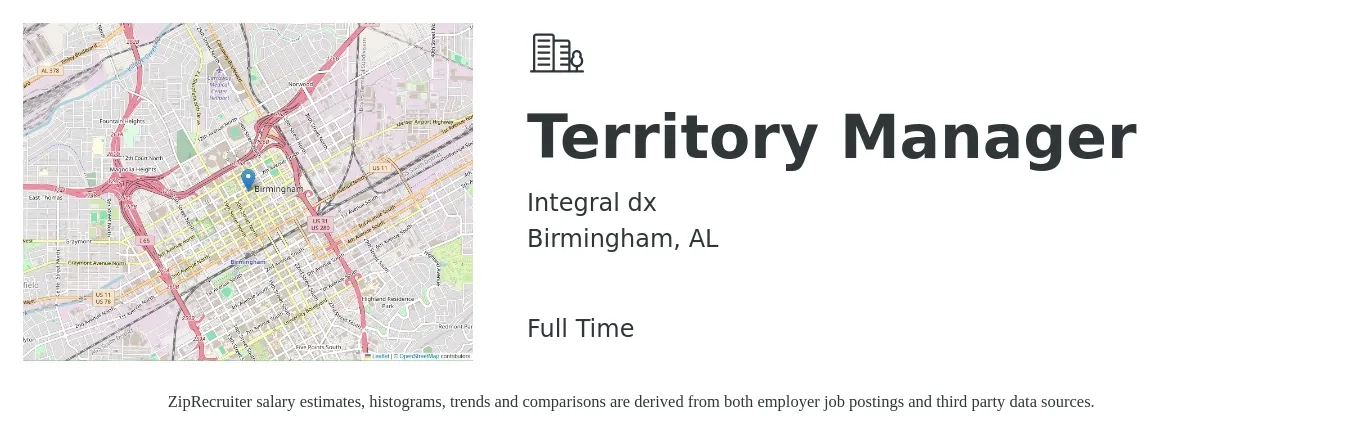 Integral dx job posting for a Territory Manager in Birmingham, AL with a salary of $70,300 to $104,500 Yearly with a map of Birmingham location.