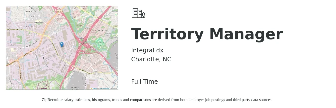Integral dx job posting for a Territory Manager in Charlotte, NC with a salary of $74,000 to $110,000 Yearly with a map of Charlotte location.