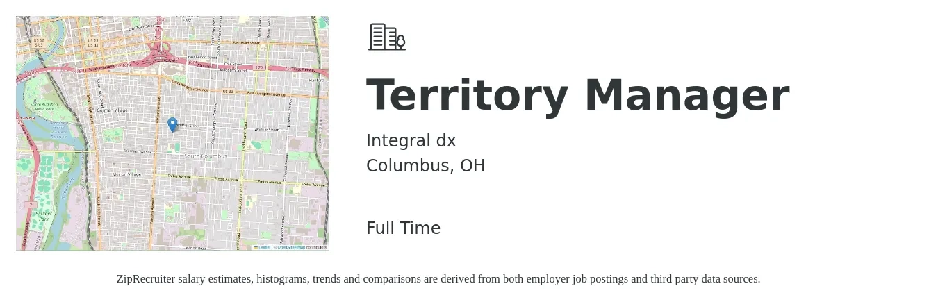 Integral dx job posting for a Territory Manager in Columbus, OH with a salary of $72,400 to $107,700 Yearly with a map of Columbus location.