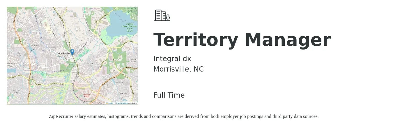 Integral dx job posting for a Territory Manager in Morrisville, NC with a salary of $70,200 to $104,300 Yearly with a map of Morrisville location.