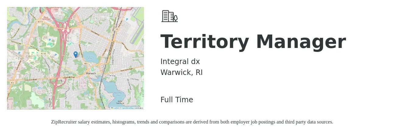 Integral dx job posting for a Territory Manager in Warwick, RI with a salary of $73,200 to $108,900 Yearly with a map of Warwick location.
