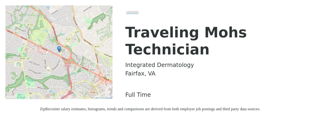 Integrated Dermatology job posting for a Traveling Mohs Technician in Fairfax, VA with a salary of $20 to $28 Hourly with a map of Fairfax location.
