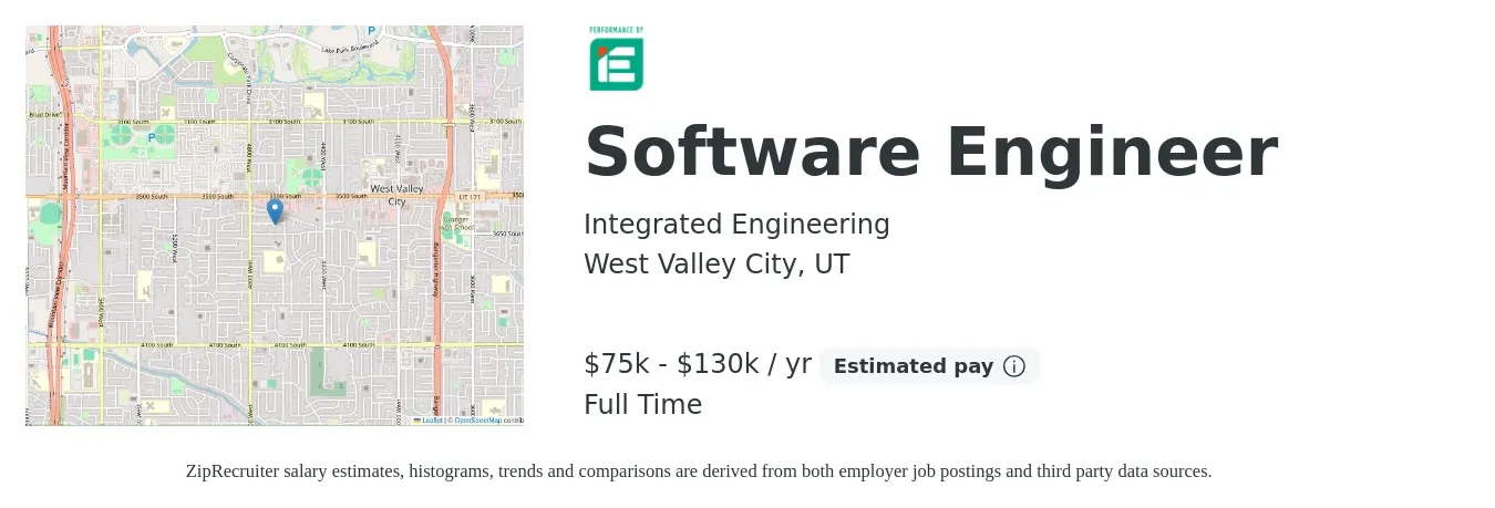 Integrated Engineering job posting for a Software Engineer in West Valley City, UT with a salary of $75,000 to $130,000 Yearly with a map of West Valley City location.