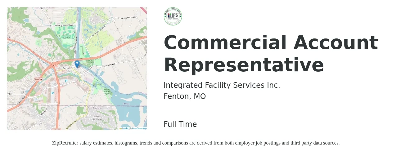 Integrated Facility Services Inc. job posting for a Commercial Account Representative in Fenton, MO with a salary of $38,300 to $67,600 Yearly with a map of Fenton location.
