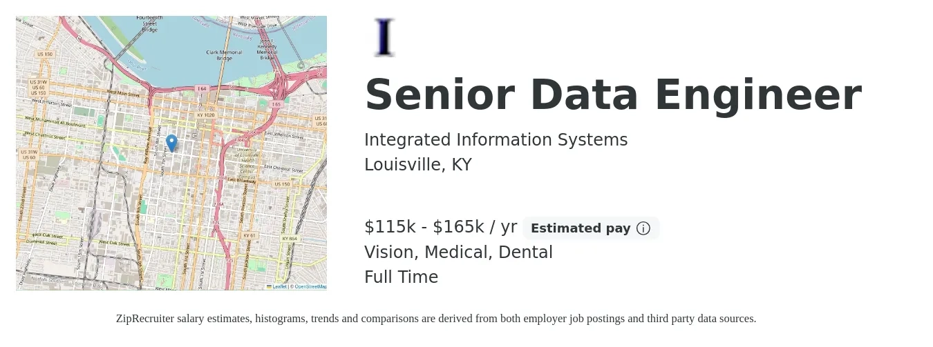 Integrated Information Systems job posting for a Senior Data Engineer in Louisville, KY with a salary of $115,000 to $165,000 Yearly and benefits including vision, dental, life_insurance, and medical with a map of Louisville location.