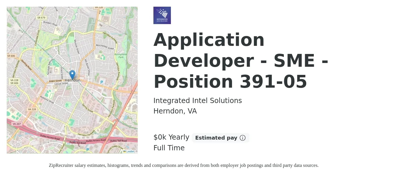 Integrated Intel Solutions job posting for a Application Developer - SME - Position 391-05 in Herndon, VA with a salary of $192 Yearly with a map of Herndon location.