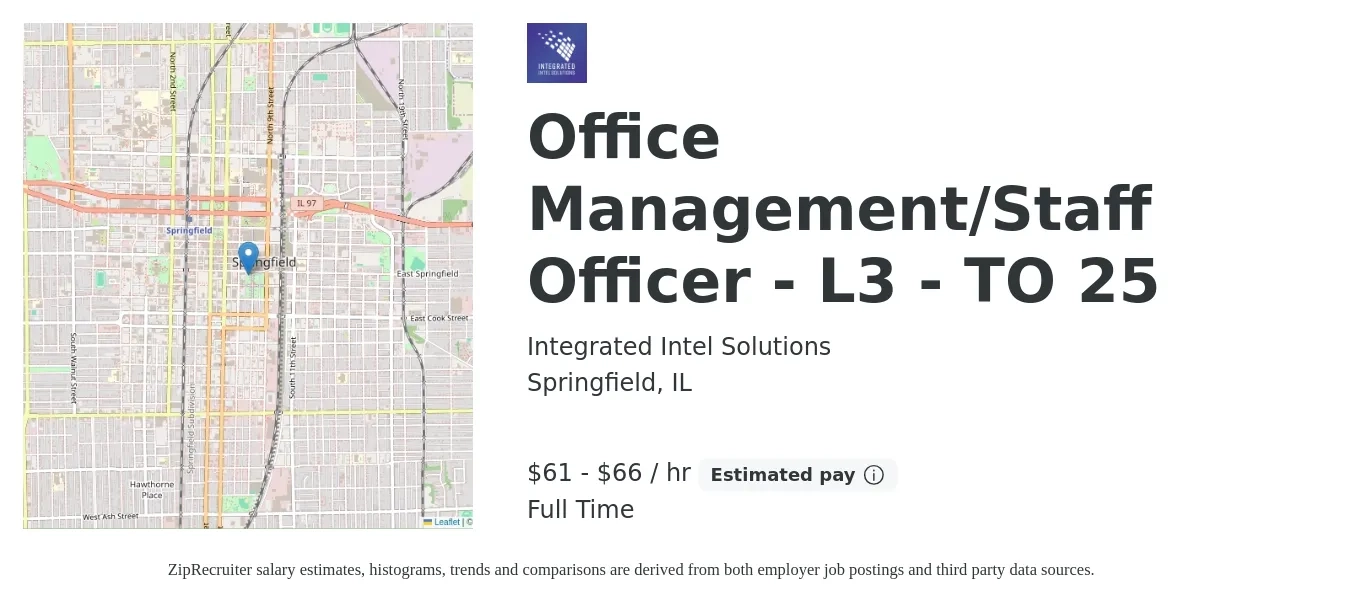 Integrated Intel Solutions job posting for a Office Management/Staff Officer - L3 - TO 25 in Springfield, IL with a salary of $64 to $69 Hourly with a map of Springfield location.