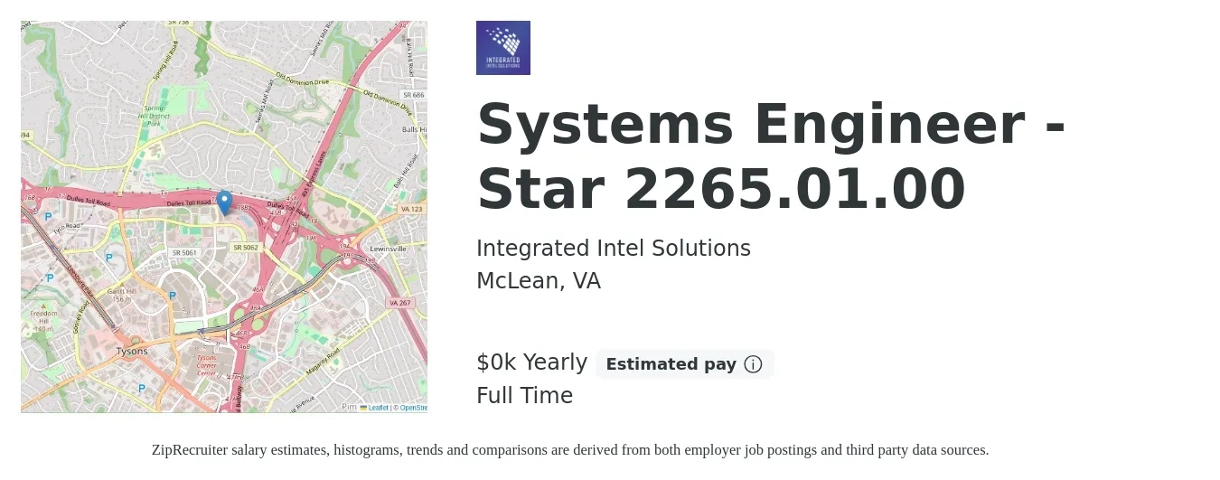 Integrated Intel Solutions job posting for a Systems Engineer - Star 2265.01.00 in McLean, VA with a salary of $191 Yearly with a map of McLean location.