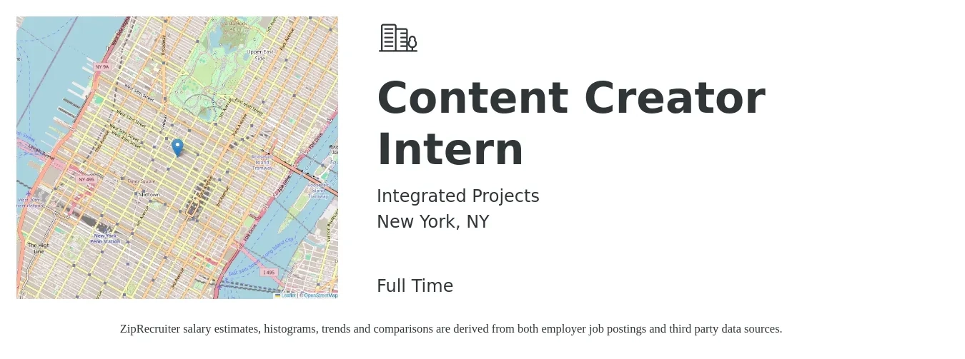 Integrated Projects job posting for a Content Creator Intern in New York, NY with a salary of $25 to $32 Hourly with a map of New York location.