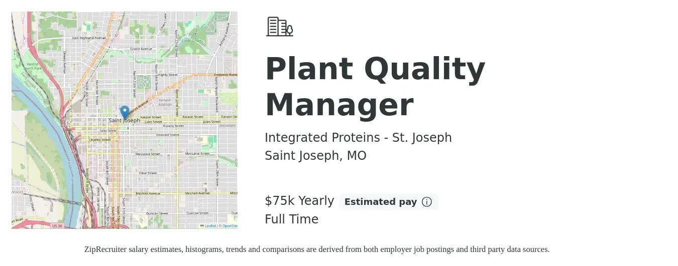 Integrated Proteins - St. Joseph job posting for a Plant Quality Manager in Saint Joseph, MO with a salary of $75,000 Yearly with a map of Saint Joseph location.