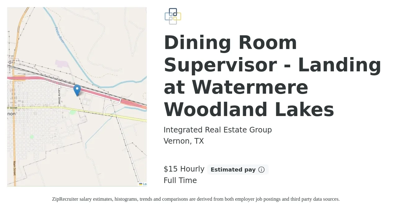 Integrated Real Estate Group job posting for a Dining Room Supervisor - Landing at Watermere Woodland Lakes in Vernon, TX with a salary of $16 Hourly with a map of Vernon location.