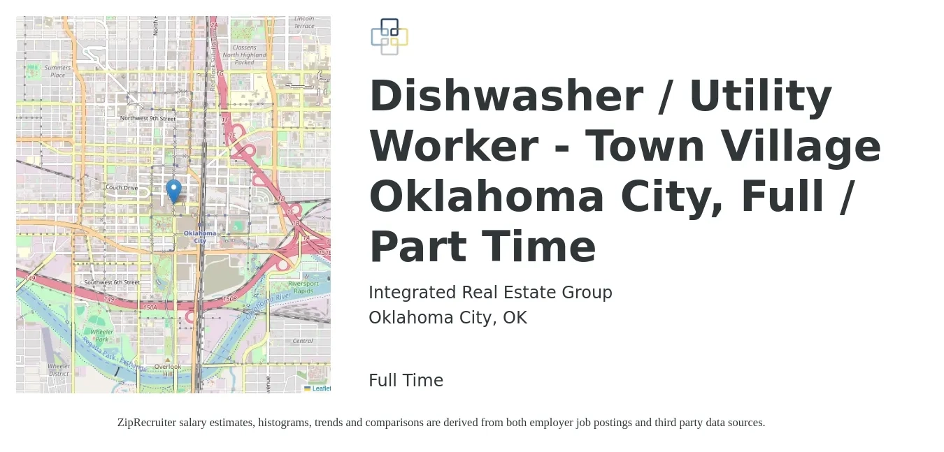 Integrated Real Estate Group job posting for a Dishwasher / Utility Worker - Town Village Oklahoma City, Full / Part Time in Oklahoma City, OK with a salary of $12 to $16 Hourly with a map of Oklahoma City location.