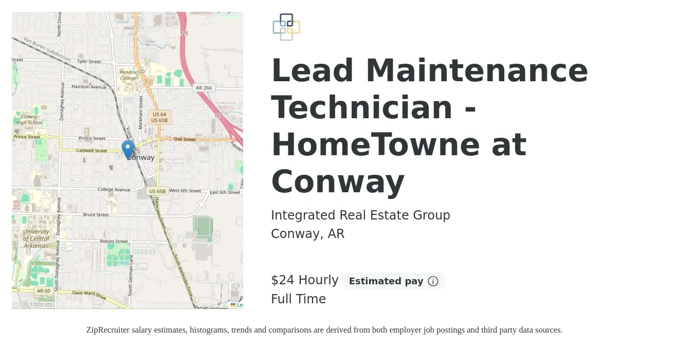 Integrated Real Estate Group job posting for a Lead Maintenance Technician - HomeTowne at Conway in Conway, AR with a salary of $25 Hourly with a map of Conway location.