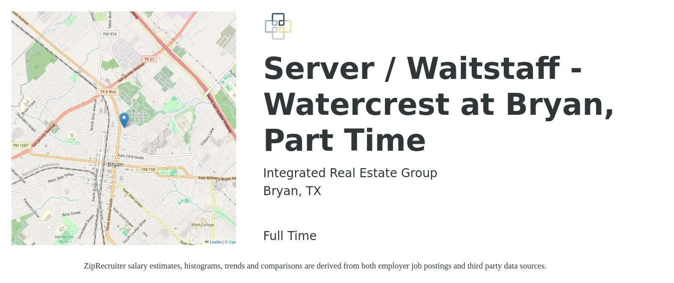 Integrated Real Estate Group job posting for a Server / Waitstaff - Watercrest at Bryan, Part Time in Bryan, TX with a salary of $12 Hourly with a map of Bryan location.
