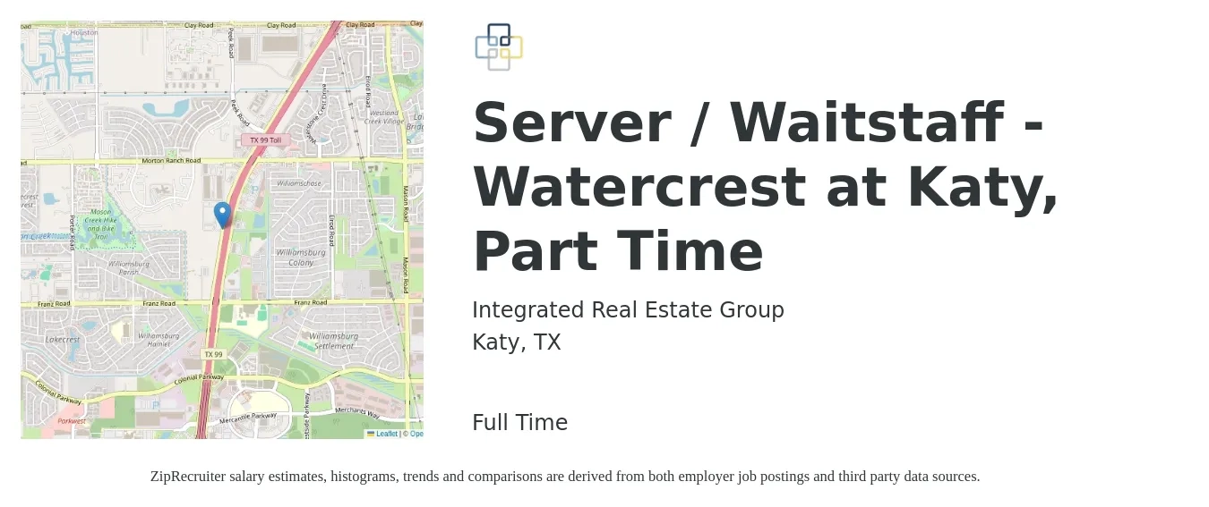 Integrated Real Estate Group job posting for a Server / Waitstaff - Watercrest at Katy, Part Time in Katy, TX with a salary of $13 Hourly with a map of Katy location.