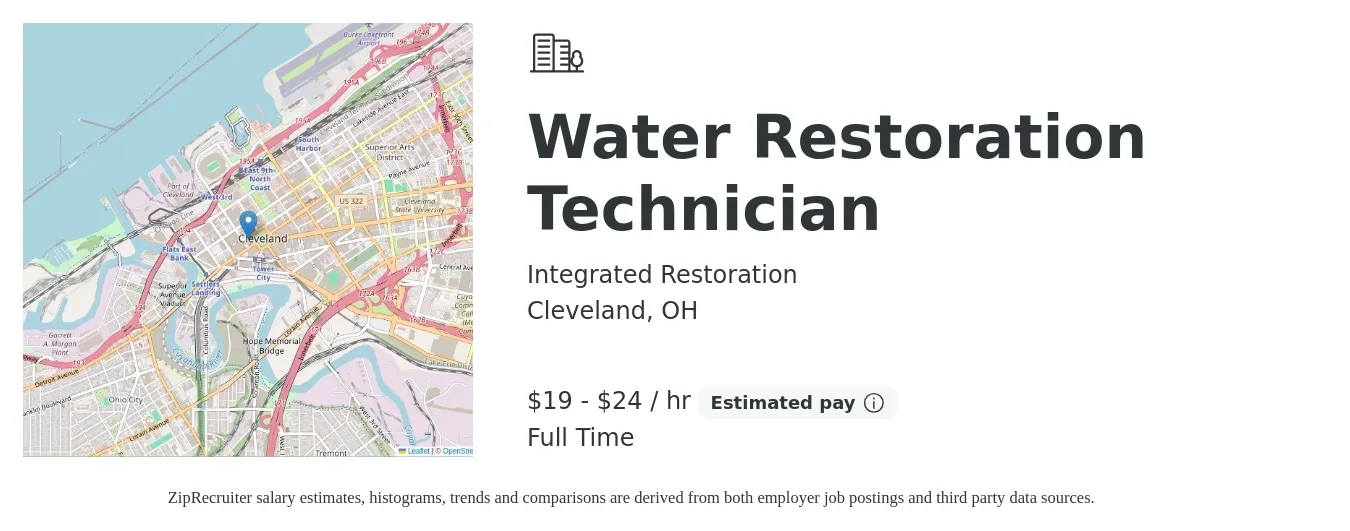 Integrated Restoration job posting for a Water Restoration Technician in Cleveland, OH with a salary of $20 to $25 Hourly with a map of Cleveland location.