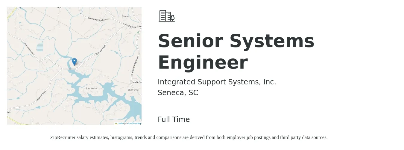 Integrated Support Systems, Inc. job posting for a Senior Systems Engineer in Seneca, SC with a salary of $99,500 to $136,100 Yearly with a map of Seneca location.