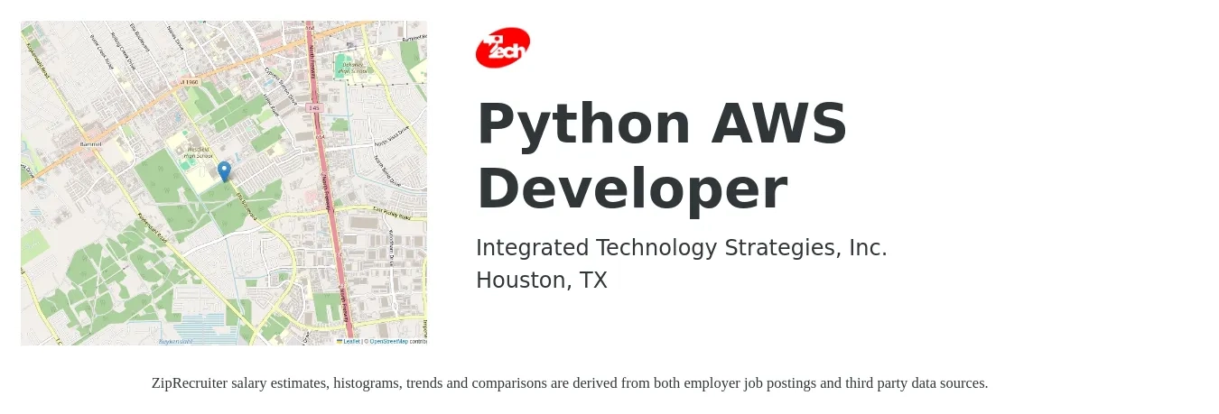 Integrated Technology Strategies, Inc. job posting for a Python AWS Developer in Houston, TX with a salary of $48 to $66 Hourly with a map of Houston location.