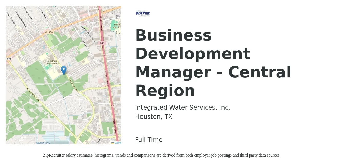 Integrated Water Services, Inc. job posting for a Business Development Manager - Central Region in Houston, TX with a salary of $58,300 to $95,500 Yearly with a map of Houston location.