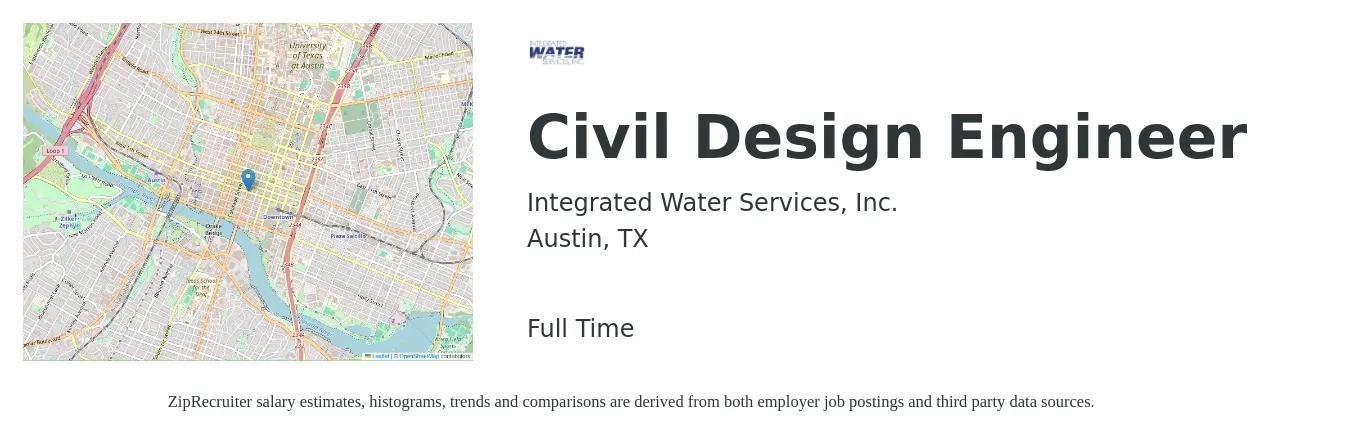 Integrated Water Services, Inc. job posting for a Civil Design Engineer in Austin, TX with a salary of $70 Hourly with a map of Austin location.