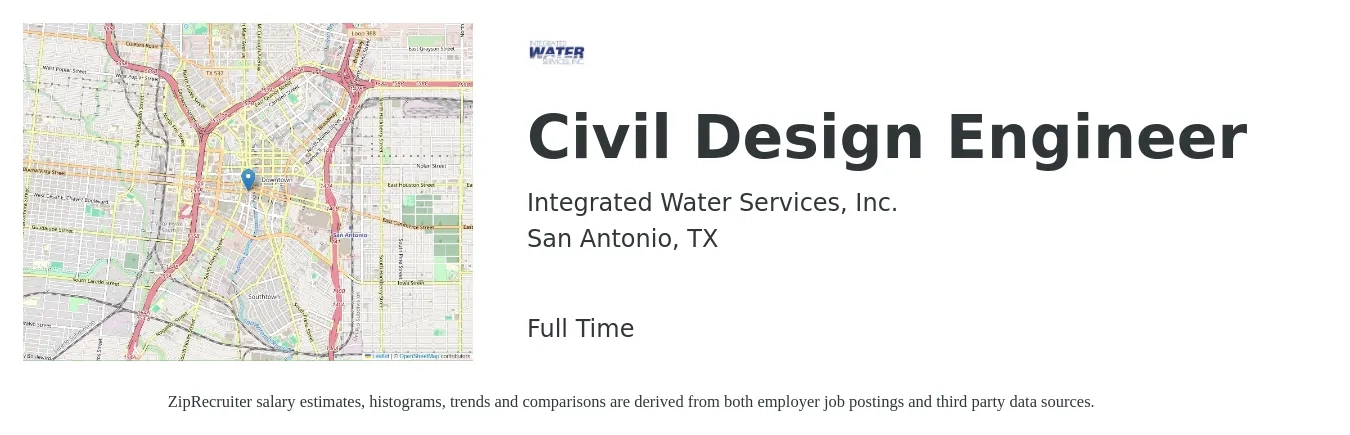 Integrated Water Services, Inc. job posting for a Civil Design Engineer in San Antonio, TX with a salary of $70 Hourly with a map of San Antonio location.