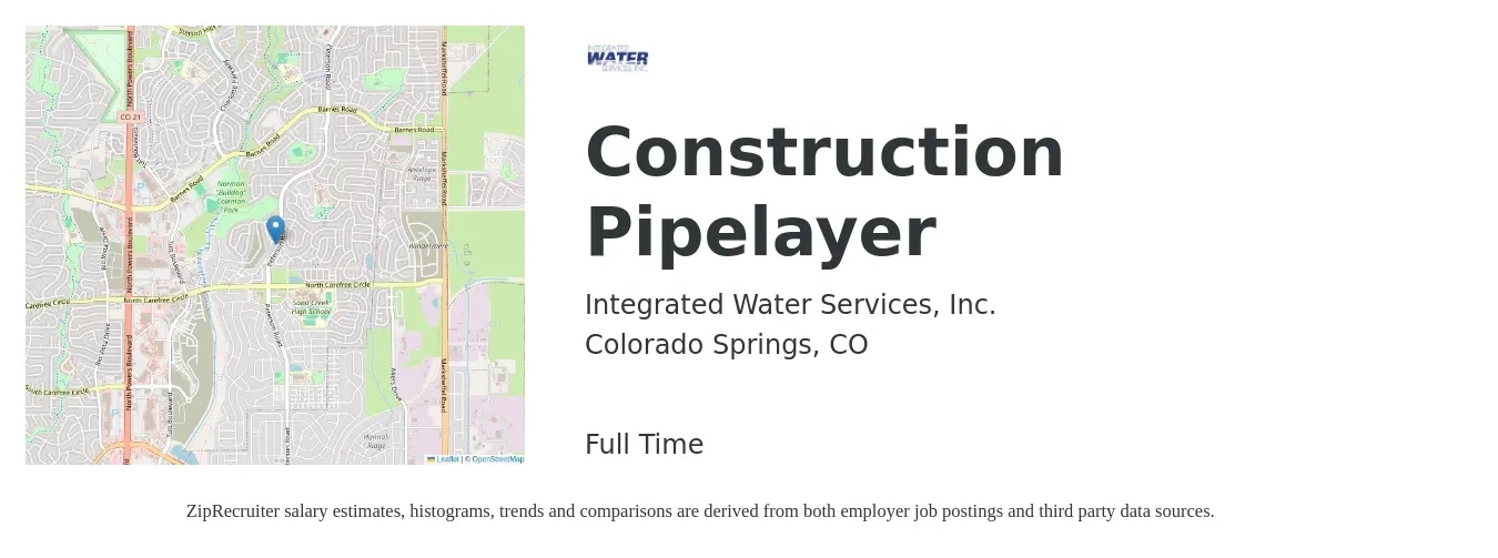 Integrated Water Services, Inc. job posting for a Construction Pipelayer in Colorado Springs, CO with a salary of $22 to $28 Hourly with a map of Colorado Springs location.
