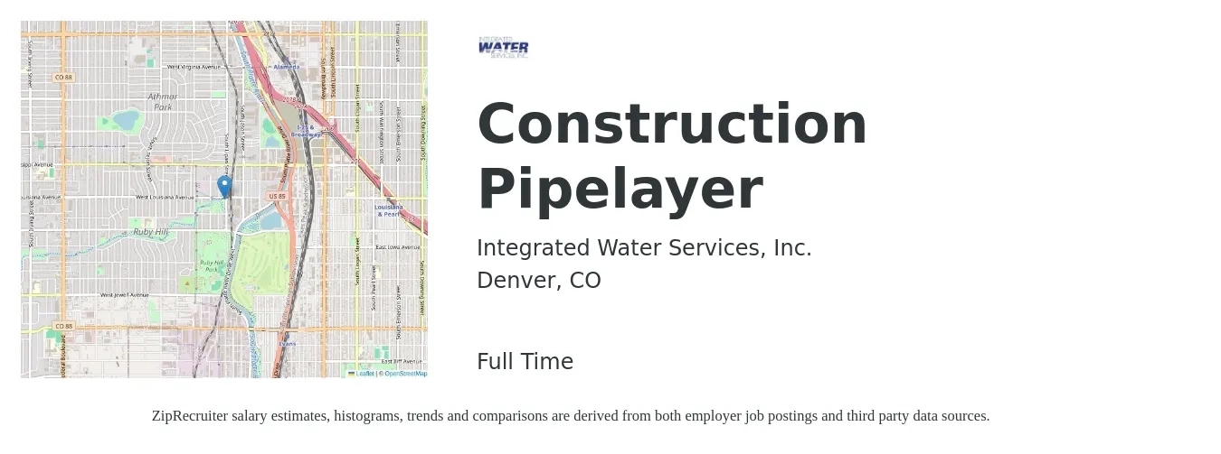 Integrated Water Services, Inc. job posting for a Construction Pipelayer in Denver, CO with a salary of $22 to $28 Hourly with a map of Denver location.