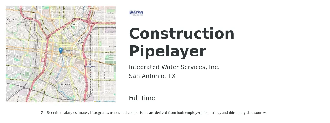 Integrated Water Services, Inc. job posting for a Construction Pipelayer in San Antonio, TX with a salary of $23 to $26 Hourly with a map of San Antonio location.