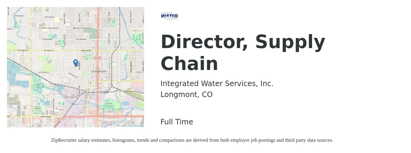 Integrated Water Services, Inc. job posting for a Director, Supply Chain in Longmont, CO with a salary of $100 Hourly with a map of Longmont location.