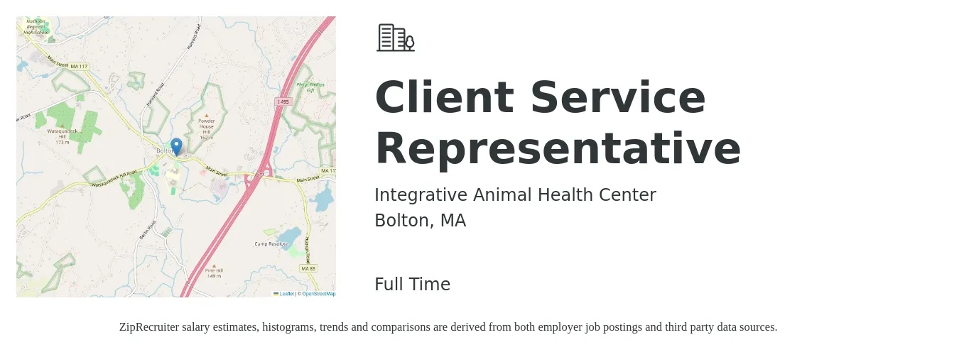 Integrative Animal Health Center job posting for a Client Service Representative in Bolton, MA with a salary of $14 to $19 Hourly with a map of Bolton location.