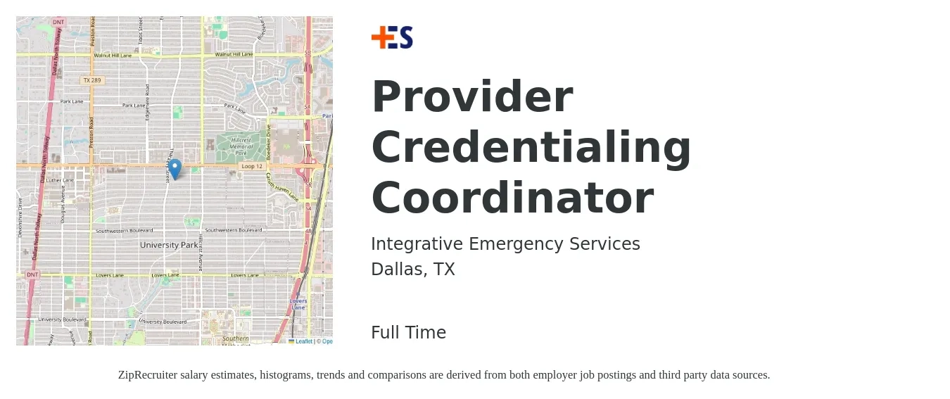 Integrative Emergency Services job posting for a Provider Credentialing Coordinator in Dallas, TX with a salary of $20 to $28 Hourly with a map of Dallas location.