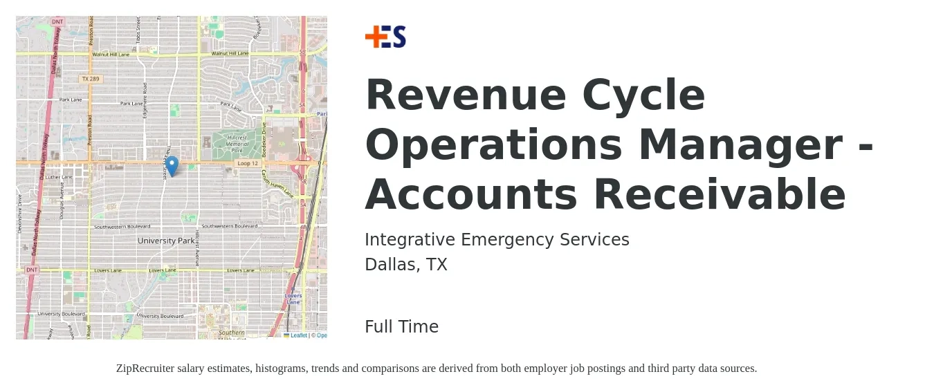 Integrative Emergency Services job posting for a Revenue Cycle Operations Manager - Accounts Receivable in Dallas, TX with a salary of $65,300 to $95,900 Yearly with a map of Dallas location.