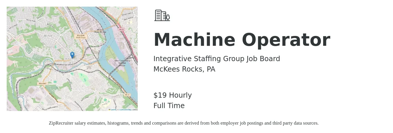 Integrative Staffing Group Job Board job posting for a Machine Operator in McKees Rocks, PA with a salary of $16 Hourly with a map of McKees Rocks location.