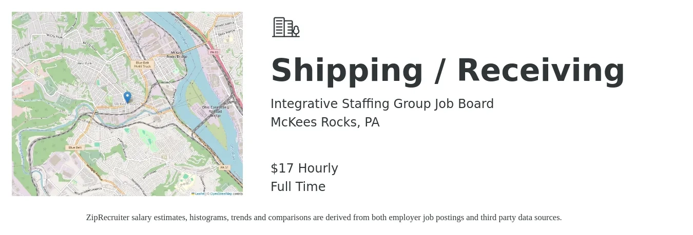 Integrative Staffing Group Job Board job posting for a Shipping / Receiving in McKees Rocks, PA with a salary of $16 Hourly with a map of McKees Rocks location.